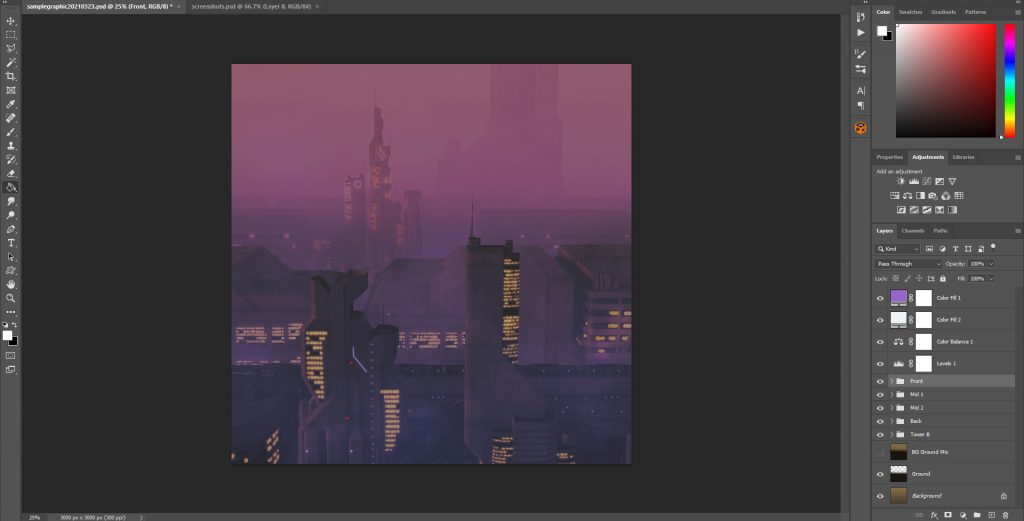 A set of adjustment layers were then added on top to blend them all together.